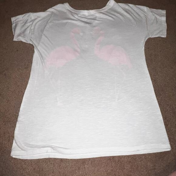 Promesa White Slubbed Tee Pink Flamingos Short Sleeve Cutout Neckline MED USA - Picture 5 of 8